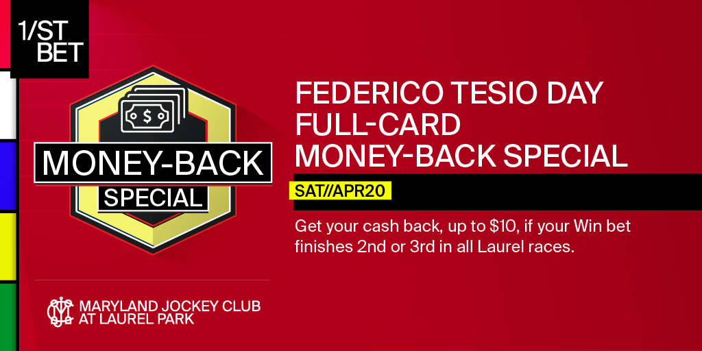 Get cash back, up to $10, on @1stbet when your horse comes in 2nd or 3rd in ALL races this Saturday at #LaurelPark! Visit bit.ly/3w0jM7w to opt in now!