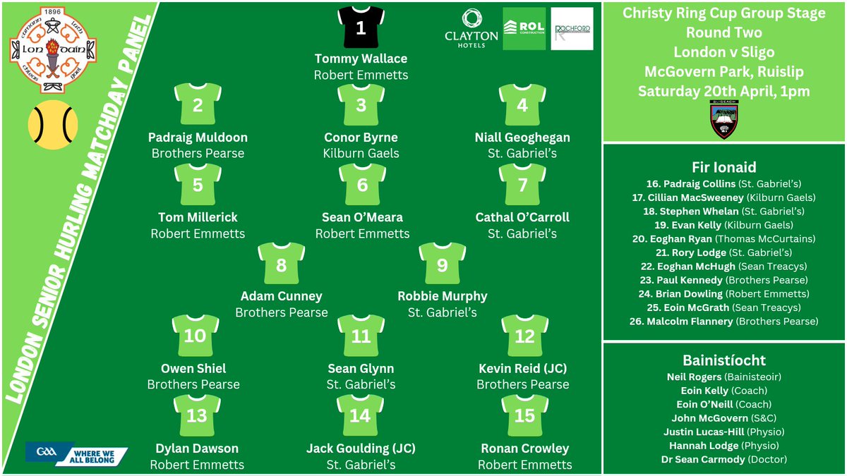 🚨 TEAM ANNOUNCEMENT 🚨

The London team to face Sligo in the Christy Ring Cup.

#LondainAbú 🟢⚪️ #GAA