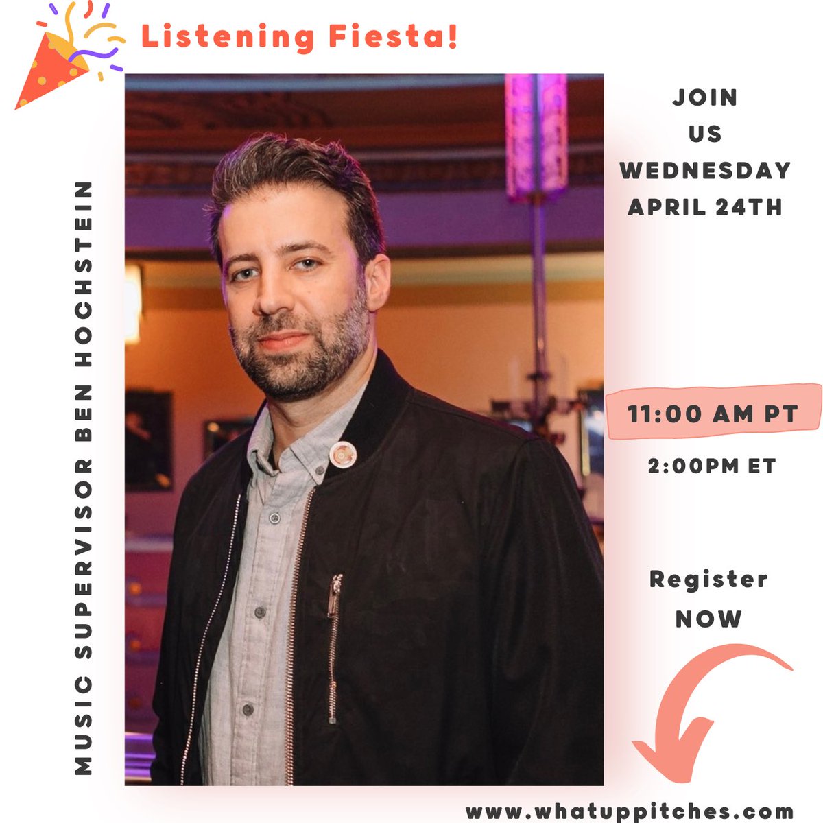 Listening Fiesta 🎉 with music supervisor Ben Hochstein is now OPEN FOR REGISTRATION! whatuppitches.com 🥳. Submit your music now!

Date: Wednesday, April 24th
11:00am PT / 2:00pm ET
Free

#whatuppitches #listeningfiesta #musicsupervisor #musiclicensing #musicsupervision