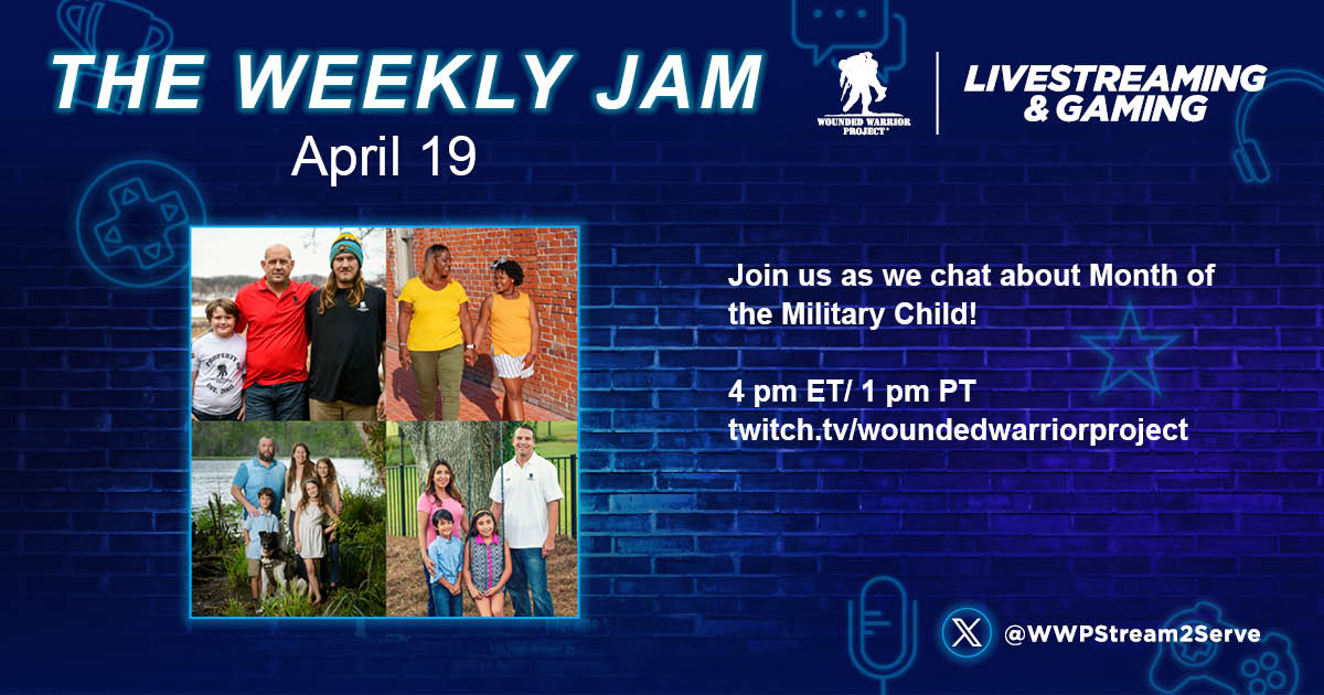 Join us for The Weekly Jam! We're chatting about #MonthOfTheMilitaryChild and @JustSeum will get things growing in honor of #NationalGardenMonth!  🌱 
See you at 4pm ET/1 pm PT: twitch.tv/woundedwarrior…