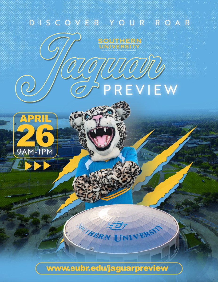 Hey, Future Jags! There is still time to register for our FREE Spring Jaguar Preview happening Friday, April 26. This is your chance to meet with faculty, staff and students, and get a feel for the Bluff! Go to subr.edu/jaguarpreview for more info.