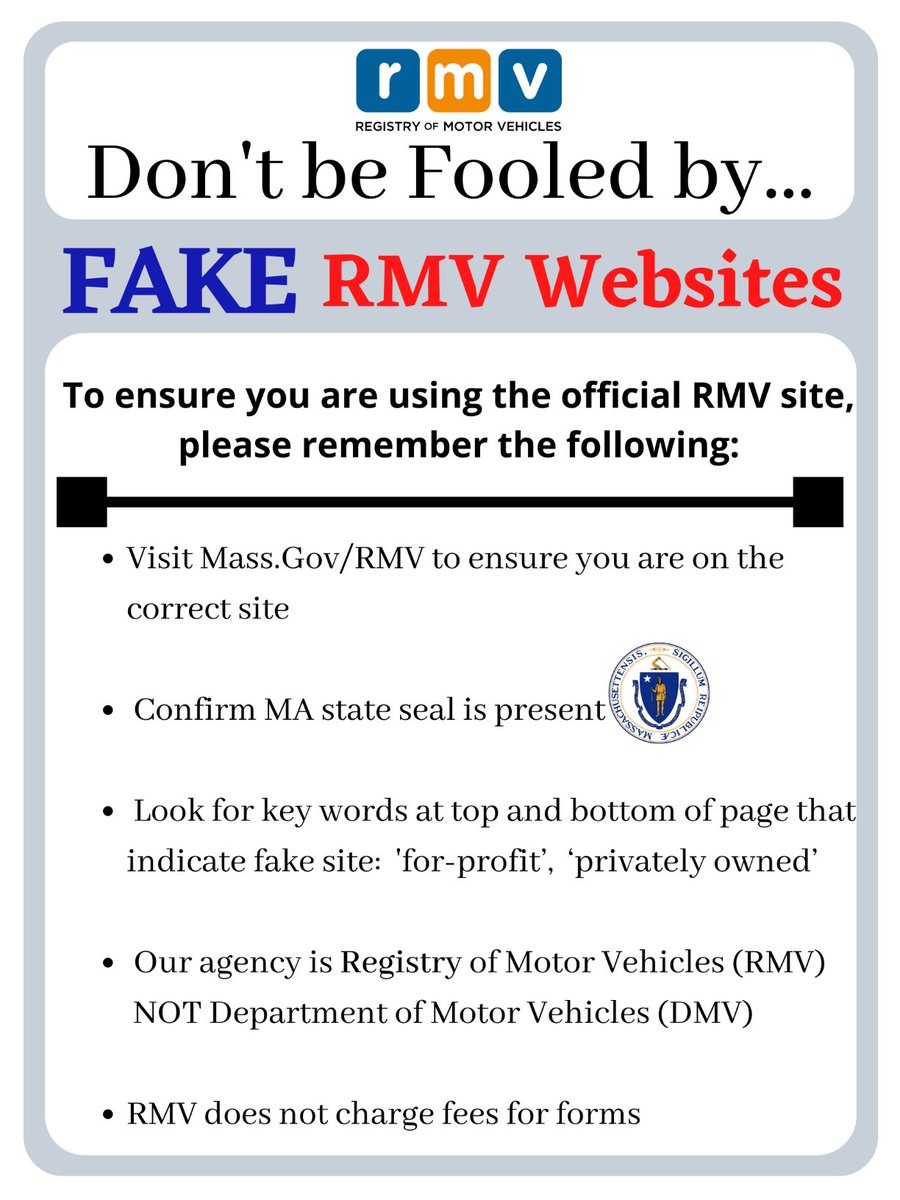 Avoid third party sites pretending to be the RMV! The only safe site to perform a transaction is Mass.Gov/RMV.