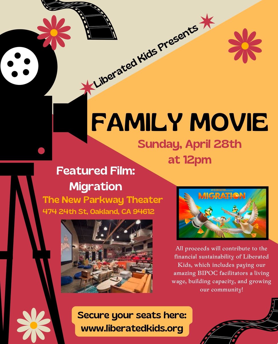 You are invited to a Fun Family Movie Fundraiser for Liberated Kids! Join us for Migration at The New Parkway Theater on Sun, Apr 28 at 12:30p! 🦆 Ticket link in bio! #benefit #migration #liberatedkids #familyfriendly #fundraiser #oakland #bayarea #community