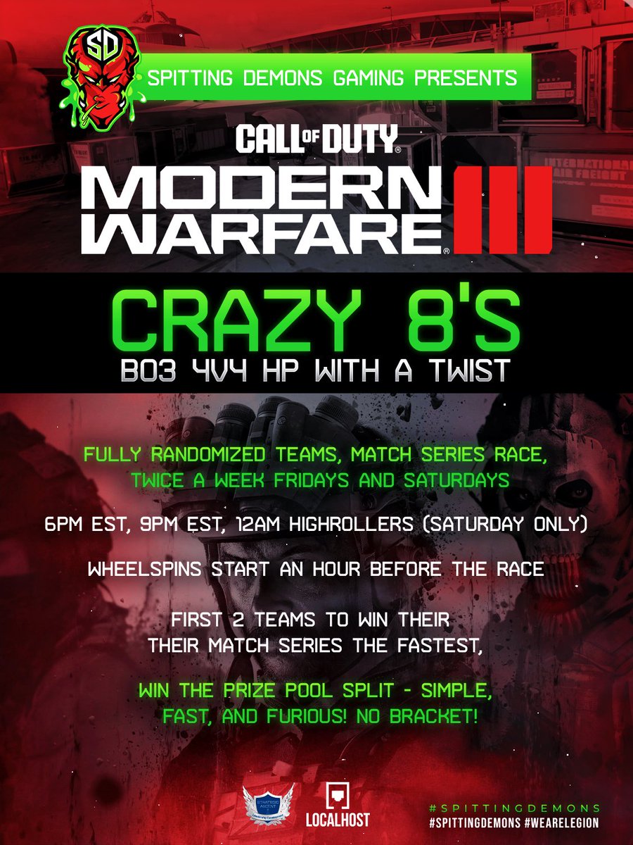 📢Announcing original exclusive #SpittingDemons CraZy 8's ✅SIGN UP : forms.gle/wuAb96uv5UHsCV… Partnering with @FrontDeskLadyy @TheR4rity @SZND_COD @SZNDSPITONS | Sponsored by @localhostdenver @nathanuwheeler Who's got what it takes to get CRAZY?!...