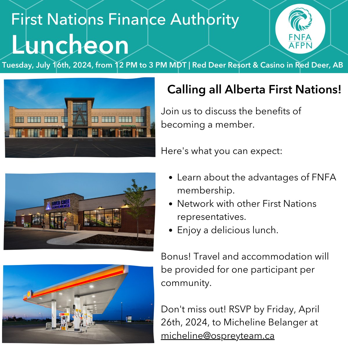 🌟 Attention Alberta First Nations Leaders! 🌟 This is an invitation for C&Cs, CFOs, and CEOs from #Alberta #FirstNations to learn about the benefits of #FNFA membership. Don't miss out! #RSVP by Friday, April 26th, 2024, to Micheline Belanger at micheline@ospreyteam.ca