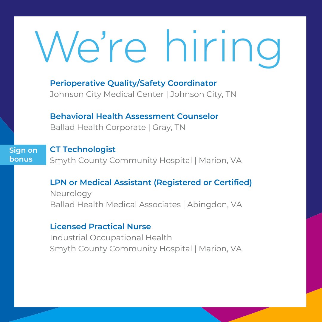 ⭐ Check out the top jobs we're hiring for this week! ⭐

Perioperative Quality/Safety Coordinator, Johnson City, TN: ow.ly/Qisu50RjnSQ

Behavioral Health Assessment Counselor, Gray, TN: ow.ly/P8HZ50RjnSO

#balladhealth #careers #healthcarecareers #nowhiring