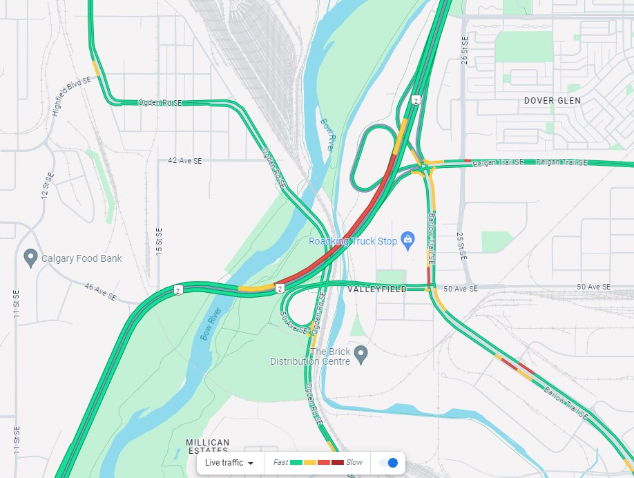 In the SE, watch for an incident blocking the RHL and shoulder on SB Deerfoot approaching the Calf Robe Bridge. #yyctraffic #yycroads