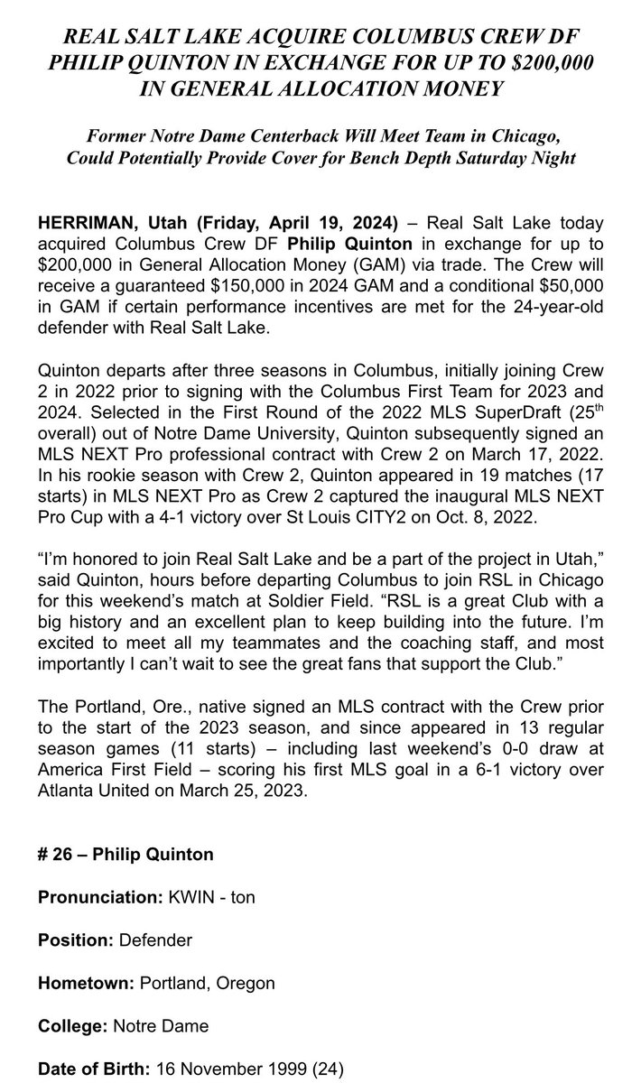 #RSL trades for Columbus defender Philip Quinton amid center-back depth desperation. Quinton will meet the team in Chicago and “could potentially provide cover for bench depth” in tomorrow’s match.