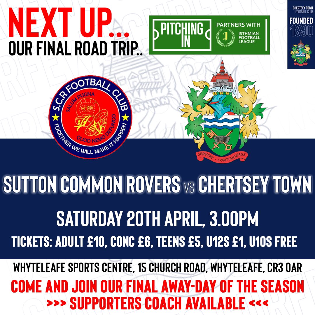 (C)hertsey Town FC (@thecurfews) on Twitter photo Join us on the supporters coach to <a href="/official_scrfc/">Sutton Common Rovers</a> tomorrow. Only £8 per seat. Coach departs Abbey Field at 1pm prompt. Come and join us for our final away-day and enjoy the promotion party! app.fanbaseclub.com/Fan/Tickets/Se… Join us on the supporters coach to <a href="/official_scrfc/">Sutton Common Rovers</a> tomorrow. Only £8 per seat. Coach departs Abbey Field at 1pm prompt. Come and join us for our final away-day and enjoy the promotion party! app.fanbaseclub.com/Fan/Tickets/Se…