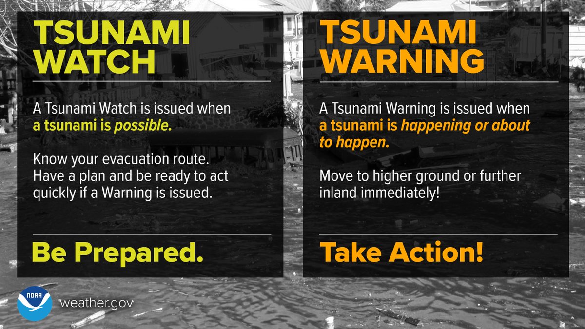 A Tsunami WATCH means Be Prepared. A Tsunami WARNING means Take Action! weather.gov/safety/tsunami… #WeatherReady