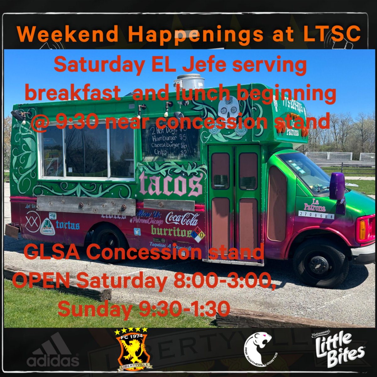 Join us this weekend at our concession stand - OPEN Saturday and Sunday - El Jefe serving breakfast and lunch Saturday, beginning at 9:30am. #weare74