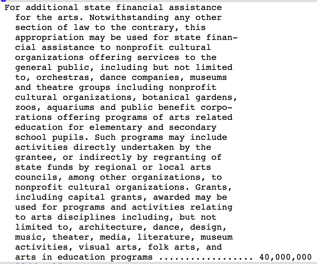 Another $40M in #nybudget (or $2 for every NYer) for arts funding—but without saying who gets it.