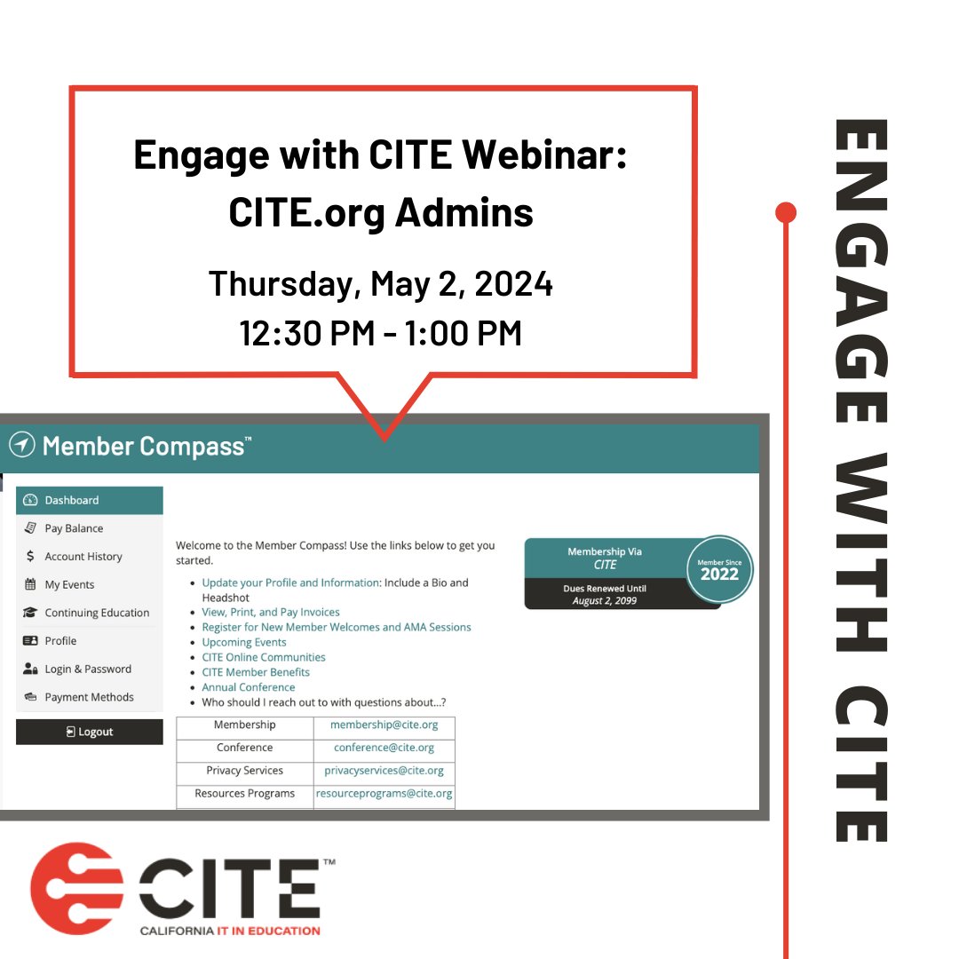 Attention primary and billing contacts on team memberships! Join us for a webinar to learn more about the Membership Compass, team membership management, and invoice review! To register, visit: cite.org/events/engage-… #CITE_EDU #k12sysadmin #edtech #technology