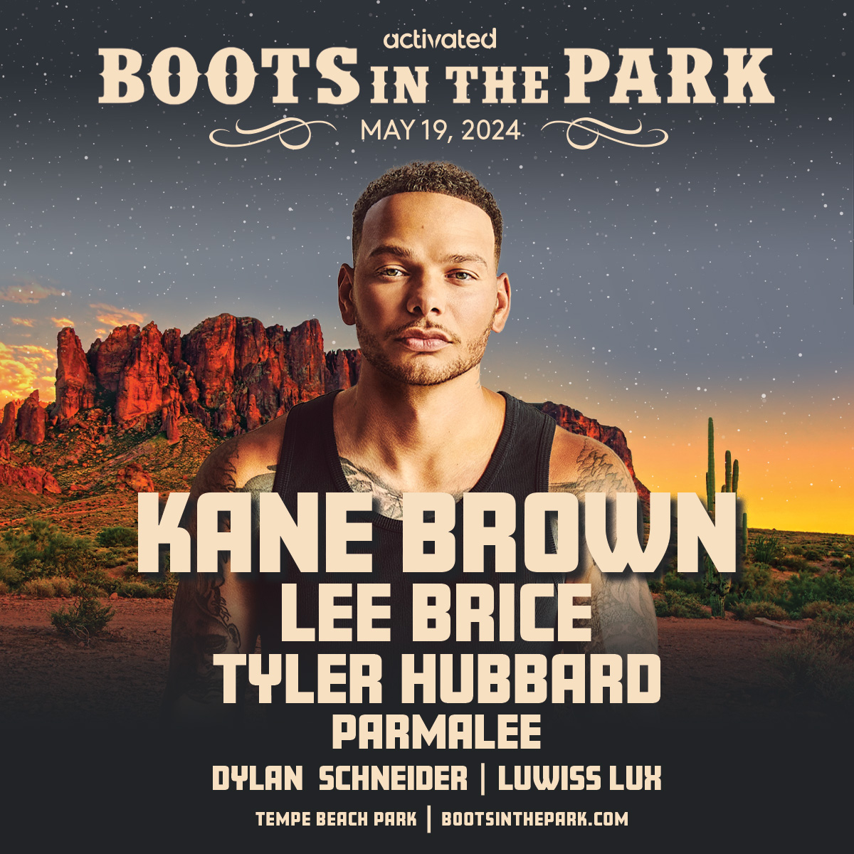 🥳Who's ready to party the night away AZ?! We're 30 DAYS from Kane Brown taking over Tempe Beach Park. #BootsInThePark 🔥🤠 Let the countdown begin⏰ #kanebrown #tylerhubbard #leebrice #parmalee #dylanschneider #tempe #arizona #musicfestival