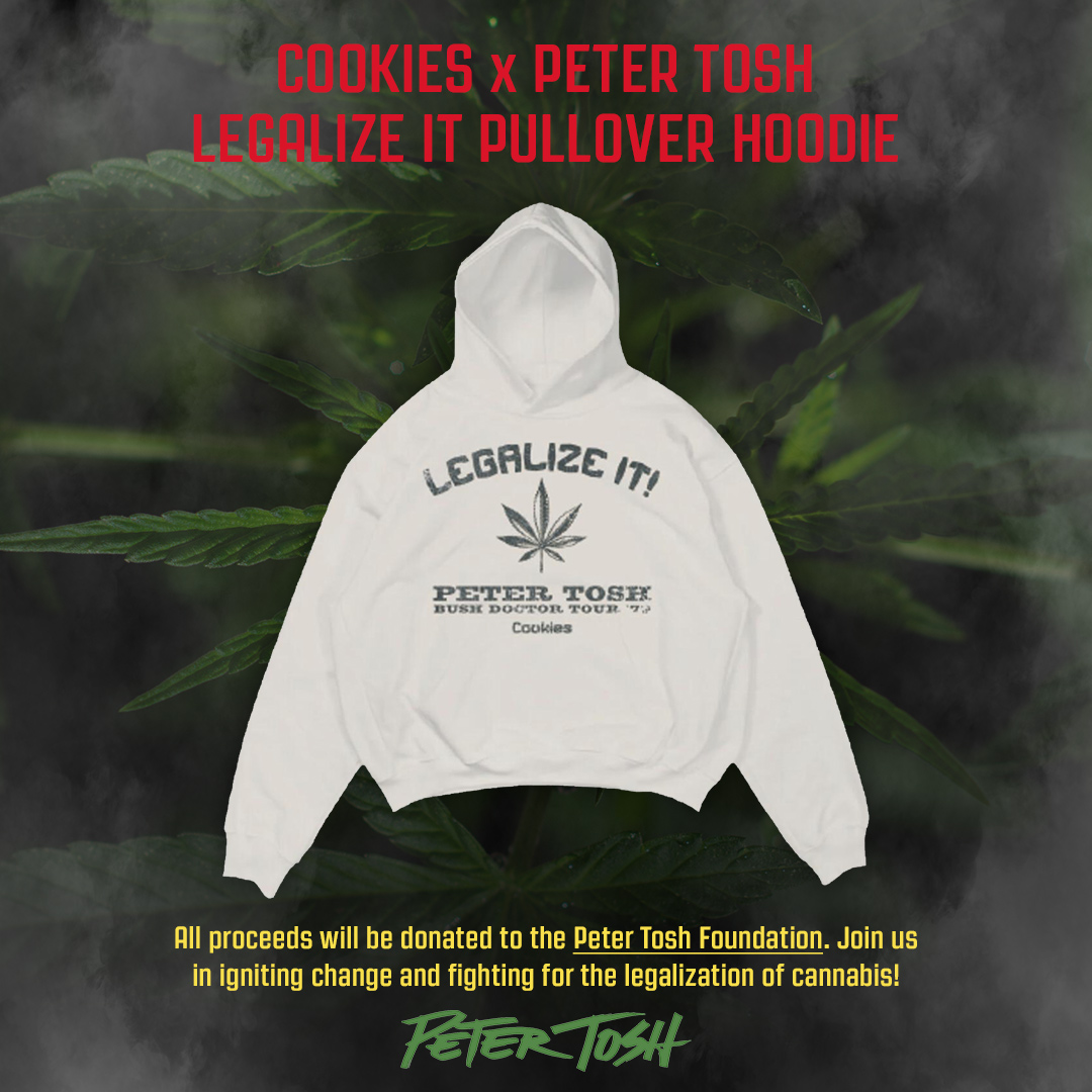Introducing the Peter Tosh x Cookies Legalize It Pullover Hoodie! All proceeds will be donated to the Peter Tosh Foundation. Join us in igniting change and fighting for the legalization of cannabis! #PeterTosh420