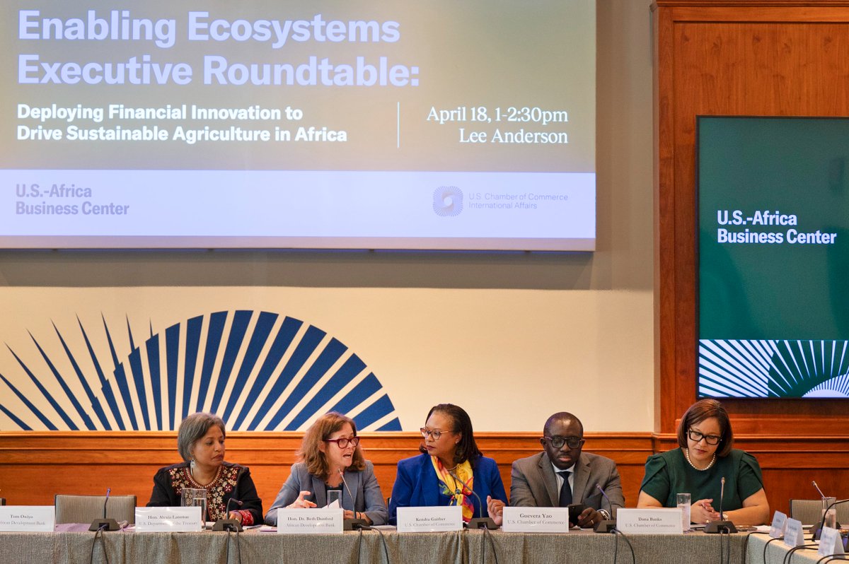 #SpringMeetings: @USChamberAfrica's 'Enabling Ecosystems' side event centered on financial innovation to drive sustainable #agriculture in Africa. #AfDB innovations develop, sustain, de-risk agriculture. See how our #ADRiFi program helps Gambian farmers: x.com/AfDB_Group/sta…