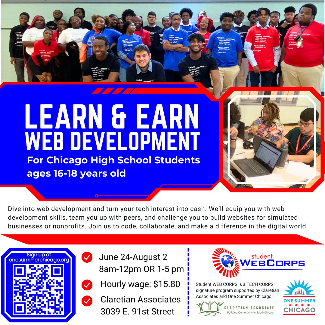 Unleash your web development potential! We'll empower you with skills, team you up with peers, and challenge you to build websites for simulated businesses or nonprofits. onesummerchicago.org @1summerchicago @claretiancares #WorkBasedLearning #WBL