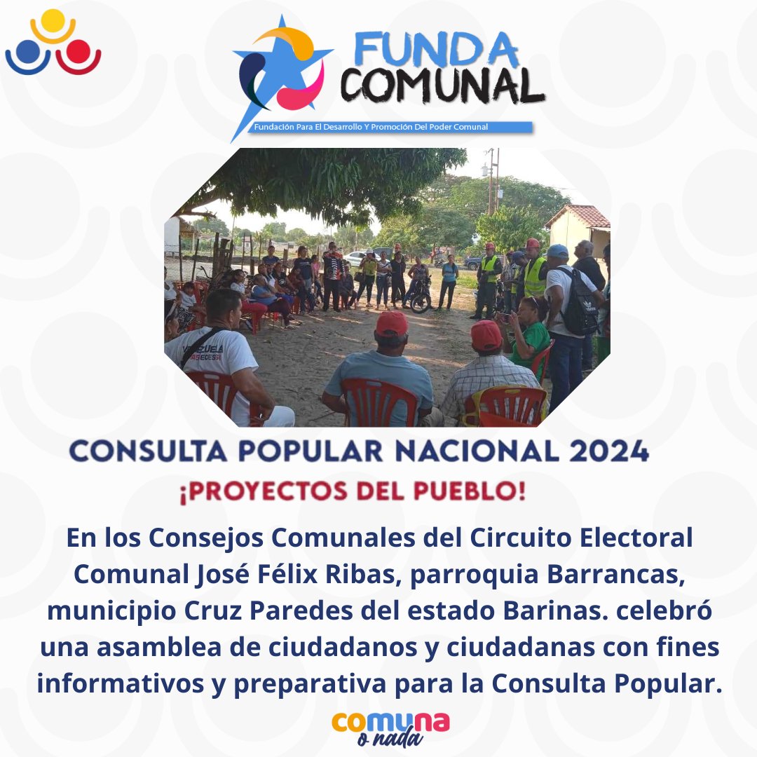 En los Consejos Comunales del Circuito Electoral Comunal José Félix Ribas, parroquia Barrancas, estado #Barinas, celebró asamblea de ciudadanos y ciudadanas con fines informativos y preparativa para la Consulta Popular. #ComunaONada @NicolasMaduro @GuyVernaez