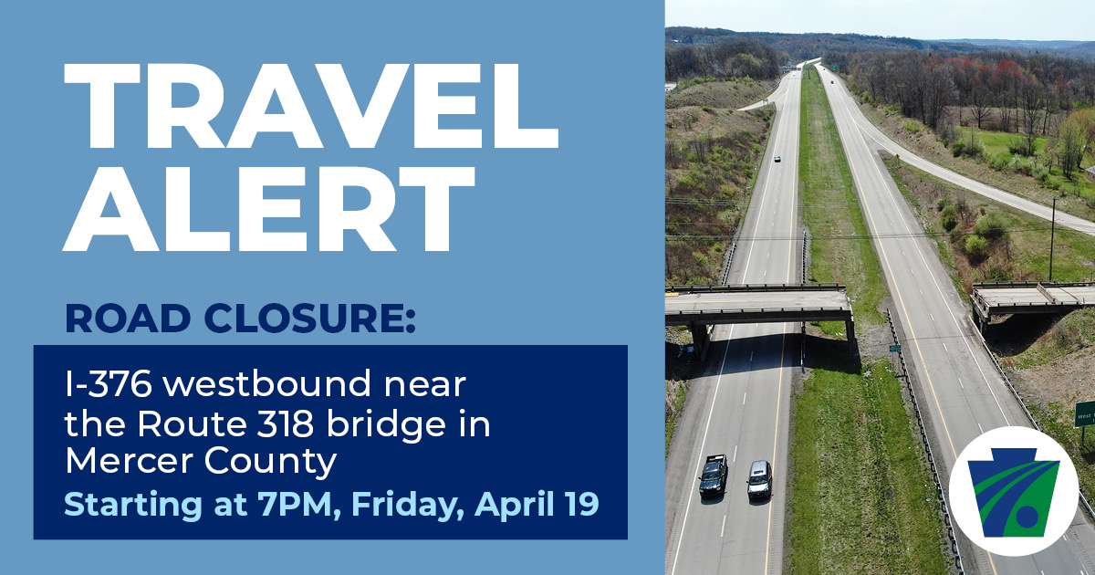 ⚠️TRAVEL ALERT: I-376 westbound near the Route 318 bridge in Mercer County will be closed starting at 7PM today. A short detour will be in place. Full details: penndot.pa.gov/RegionalOffice… Learn more about the project: penndot.pa.gov/RegionalOffice…