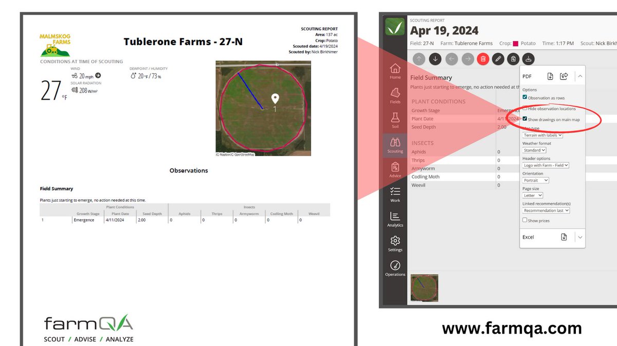 Happy #FarmQAFriday!

Users can now add scouting drawings to the main map in their exported scouting reports. Important scouting drawings, like the location of an irrigation pivot at the time of scouting, are added to the map at the top of the report for easy information sharing!