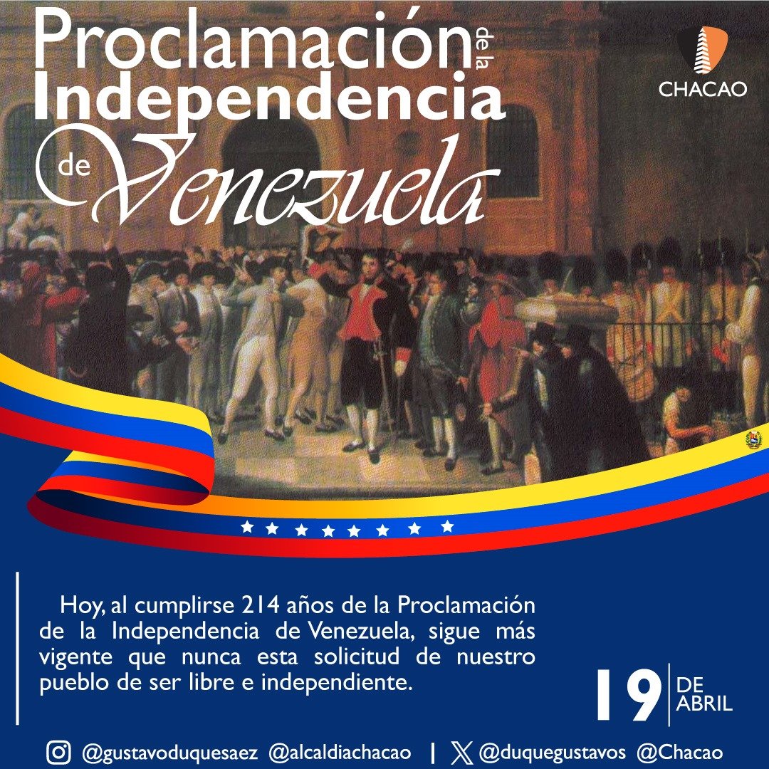 En la historia venezolana el #19Abril de 1810, fue un momento crucial en la lucha por la independencia del país de la corona española. Seis provincias de Venezuela desconocieron el mandato del capitán general Vicente Emparan. ¡Feliz día de la Proclamación de la Independencia!