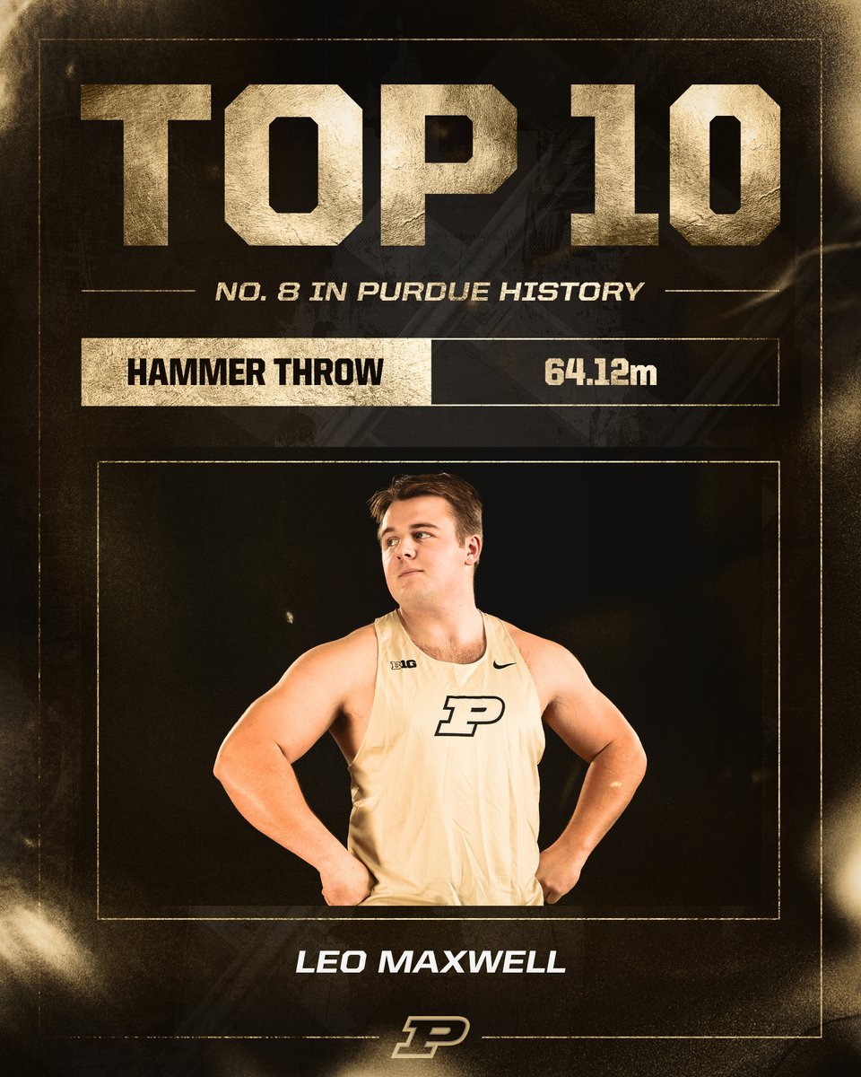 That's how you start the weekend, Leo! 💥 Leo Maxwell improves his place at #8 in Purdue history with a PR in the hammer throw! His mark of 64.12m gives him a runner-up finish in the invite event. #BoilerUp 🚂