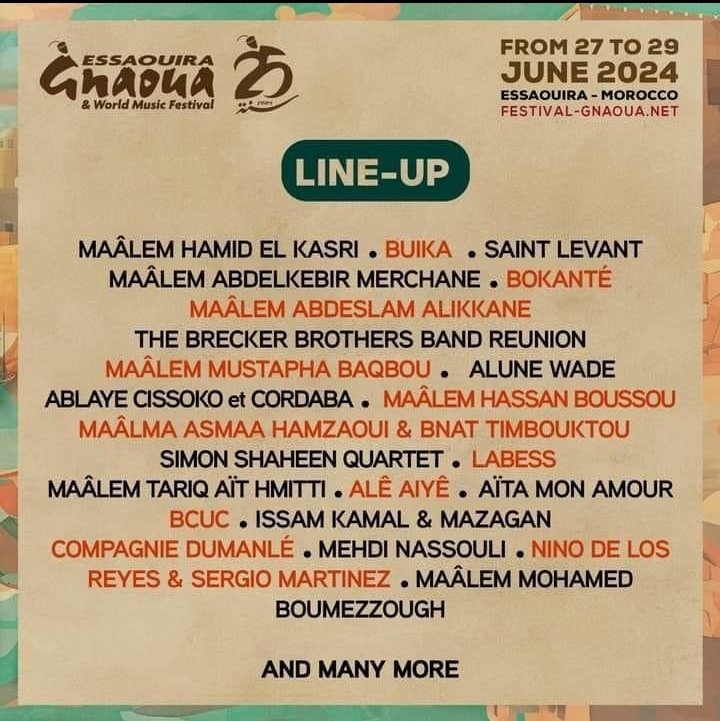 Moroknmade's tweet photo. Official line up for the Gnaoua festival 2024
#Gnaoua #Essaouira #Morocco #Festival #WorldMusic #Live https://t.co/TeCiHW0KpC