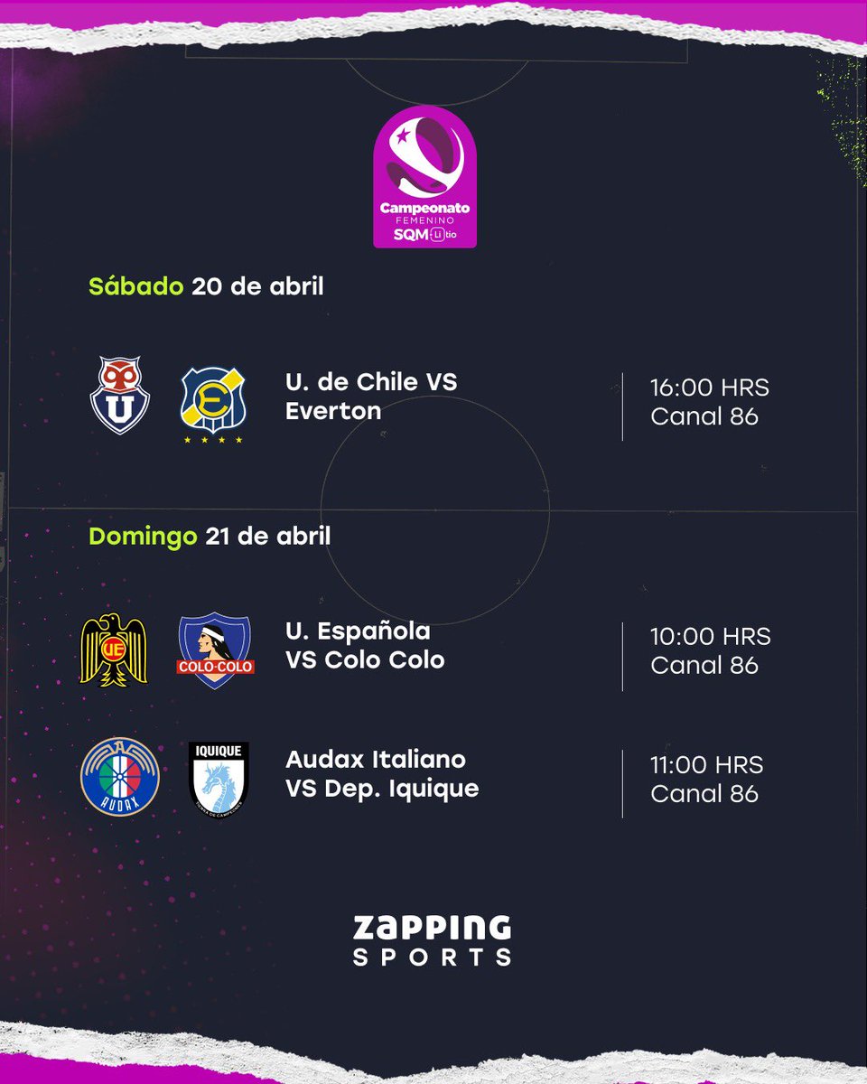 Otro buen finde para el #CampeonatoFemeninoSQM2024😎⚽️ Te dejamos la programación para que nos acompañes por nuestra señal deportiva #ZappingSports (canal 86) 🙌 Disponible en todos nuestros planes ;)