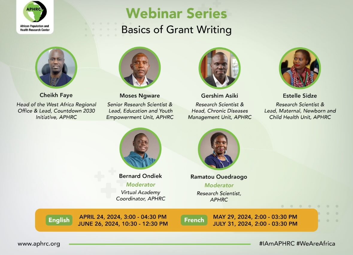 APHRC is launching its Research Support Hub initiative - An initiative to increase number of African researchers successfully applying for grants from top science funders. (Registration link: lnkd.in/dXQq_nui ) Webinars and grant writing workshops in English and French