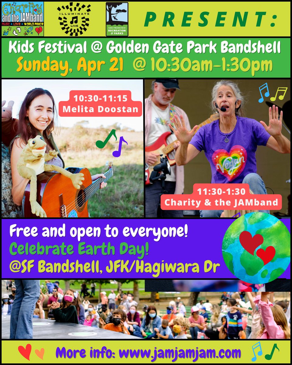 Bring the family out for an Earth Day & Album Release show this Sun 4/21 the Bandshell! The show starts at 10:30am w/ a set by the fabulous Melita Doostan, followed by a 2-hour JAMband extravaganza Bring a picnic & be ready to rock w/ all your earth-loving heart! @recparksf