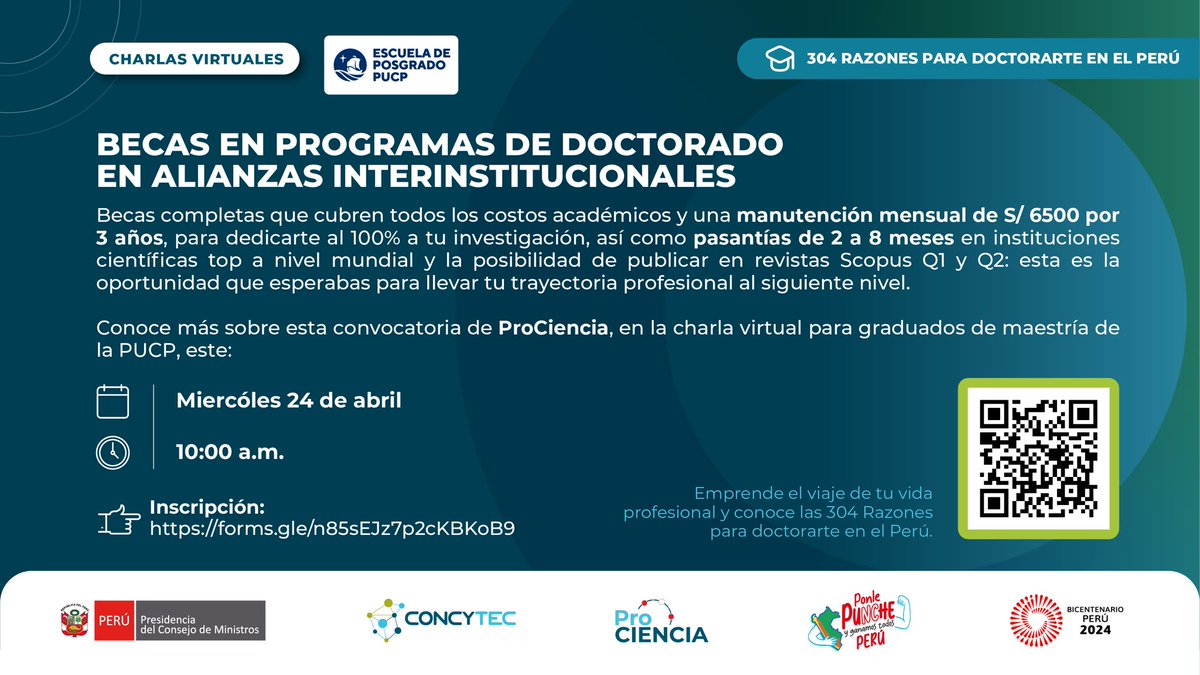 #Becas | Participa de la charla informativa sobre las Becas en Porogramas de Doctorado en Alianzas Interinstitucionales, organizada por ProCiencia.🎓

🗓️ Miércoles 24 de abril - 10 a.m.
🔗 Inscríbete aquí: cutt.ly/Hw5YeUFl

#PUCP #ProCiencia #Doctorado