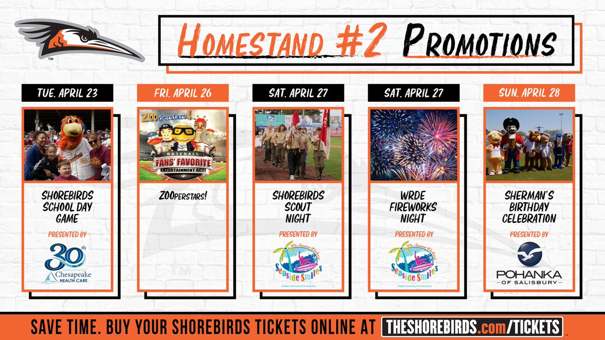 The Shorebirds are home THIS WEEK with a full slate of promotions featuring ZOOperstars!, Fireworks, and so much more that you do not want to miss! Check out the promotions and buy YOUR tickets 👇 Buy Tickets 👉 bit.ly/3HXnktz #FlyTogether | #Birdland
