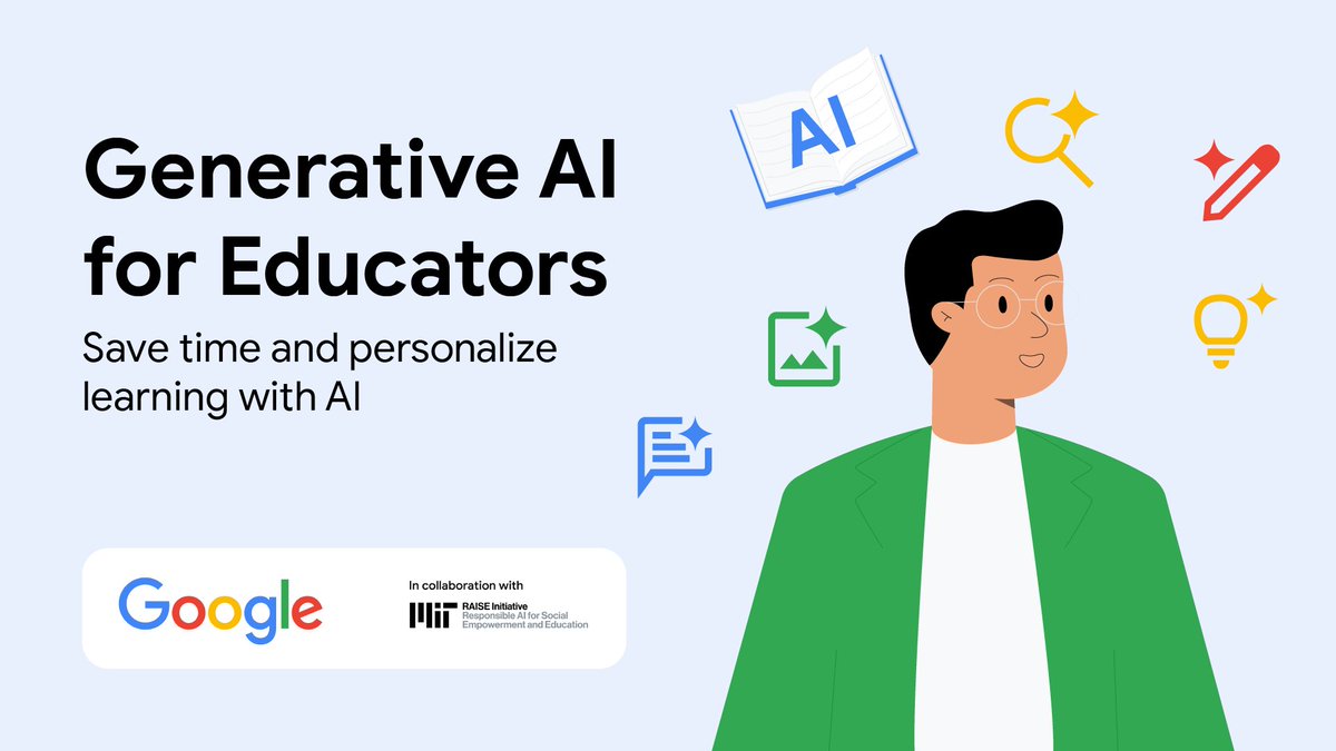 Celebrate #AILiteracyDay with #GrowWithGoogle! Explore all the ways teachers can use #AI tools to  save time on everyday tasks, personalize instruction, and enhance lessons in creative ways with the new Generative AI for Educators course. Learn more goo.gle/4cSU4CM
