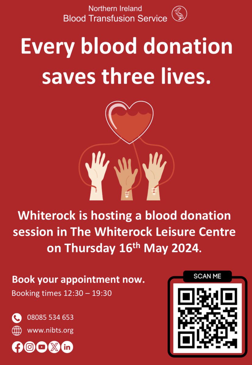 @GiveBloodNI Is holding a blood donation session in the Whiterock Leisure Centre on May 16th from 1230 - 1930.

More info can be found on the NIBTS website or message us for more info.

#OneGivingThreeLiving