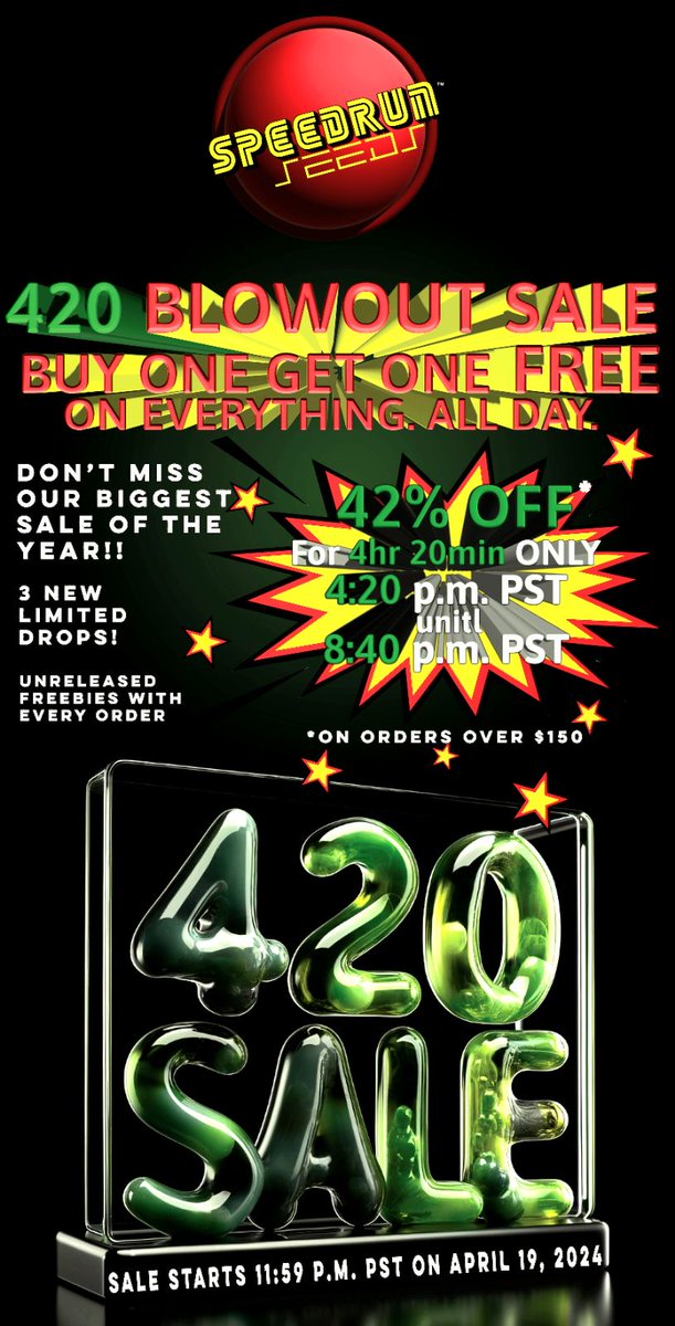 Speedrunseeds's tweet photo. Get stoked for our 420 Blowout Sale! 

Enjoy 42% off orders over $150, all day long. Score unreleased goodies with EVERY order!  

Three new limited drops are going live!  

Sale starts at 11:59 PM PST on April 19th, 2024. Let's go!  

#420sale #seedsale #limiteddrops #freeshipping #Cannabis #Growyourown #Autoflowers #growmies #Coco #Soil #LEDs #Marijuana #weed #Autoflower