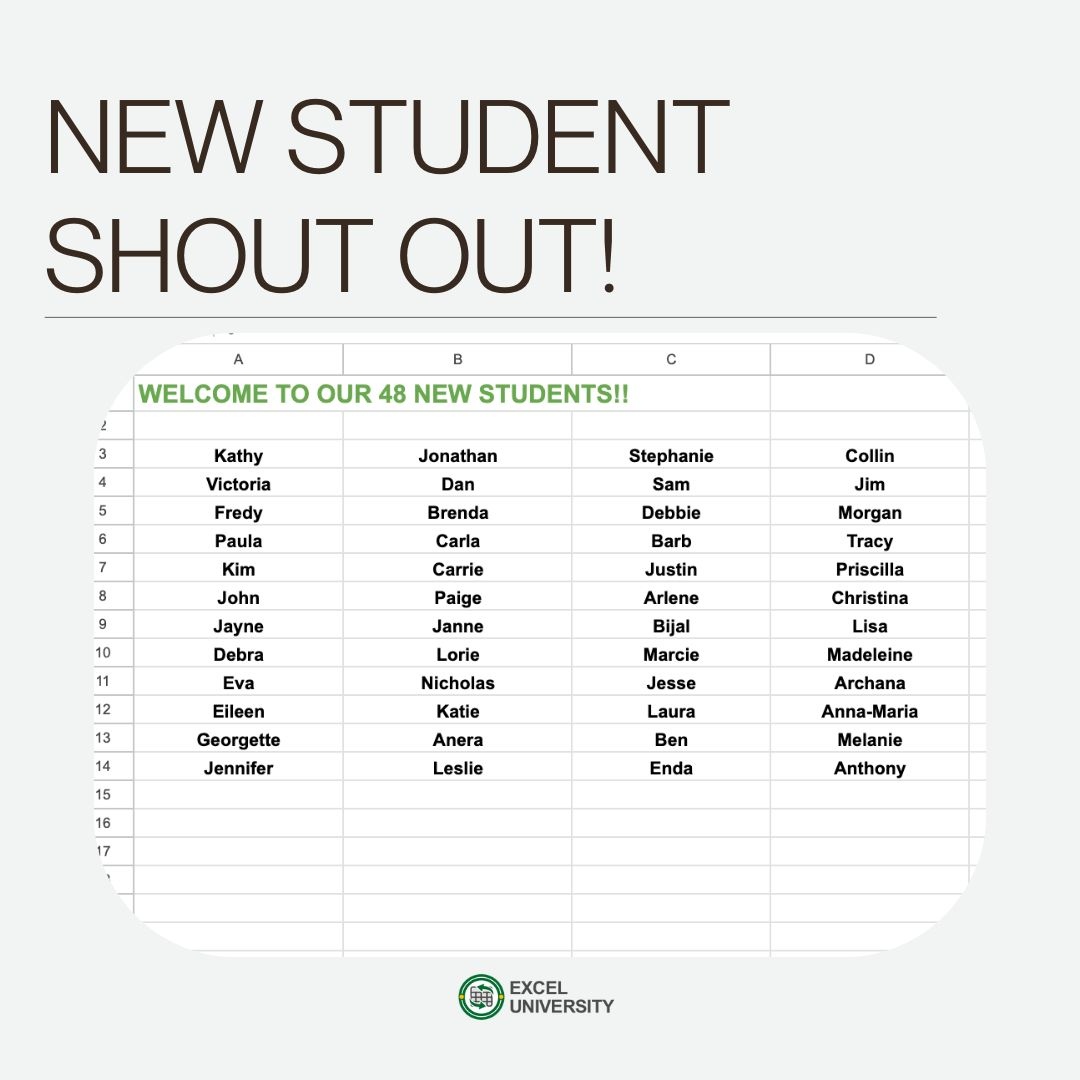 📣 Shoutout to this weeks new students! A free gift 🎁 👉 excel-university.com/challenge Our students get to pace themselves when learning AND have fun! Need we say more?!