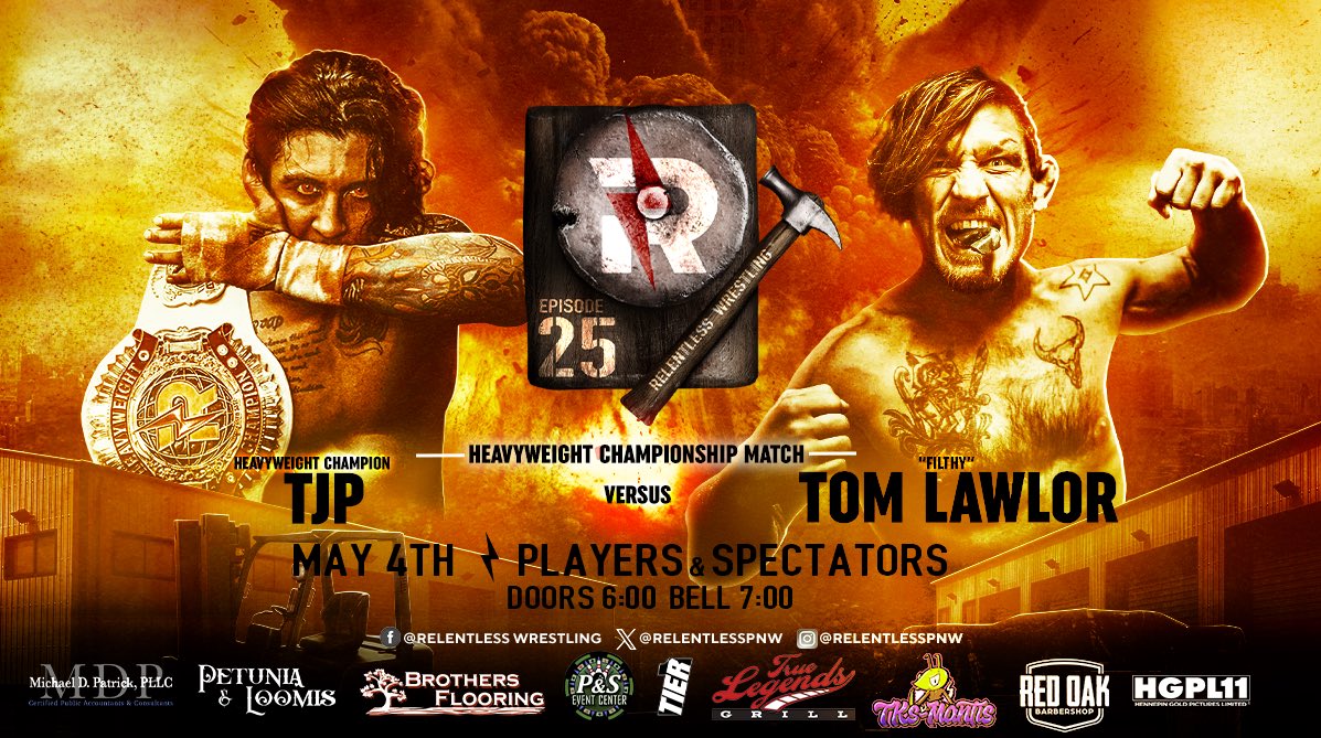 🚨HEAVYWEIGHT TITLE MATCH🚨 The rematch is set and the title is on the line as TJP is set to defend his Relentless Heavyweight Championship against former champion Tom Lawlor!