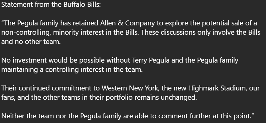 BREAKING: The Pegulas are exploring selling a non-controlling, minority interest in the @BuffaloBills - story first reported by @ByTimGraham #BillsMafia