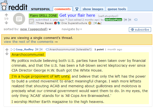 I've scraped Max Azzarello's Reddit history. Max stated on Reddit he was an Anarcho-Communist.