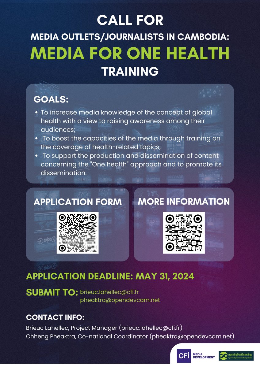 📢 Calling media outlets and journalists in Cambodia! 📄 Application: drive.google.com/drive/u/1/fold… 📩 Submit the application to both emails: brieuc.lahellec@cfi.fr pheaktra@opendevcam.net 👉 More info: cfi.fr/en/project/med… or contact our team via the emails on the poster