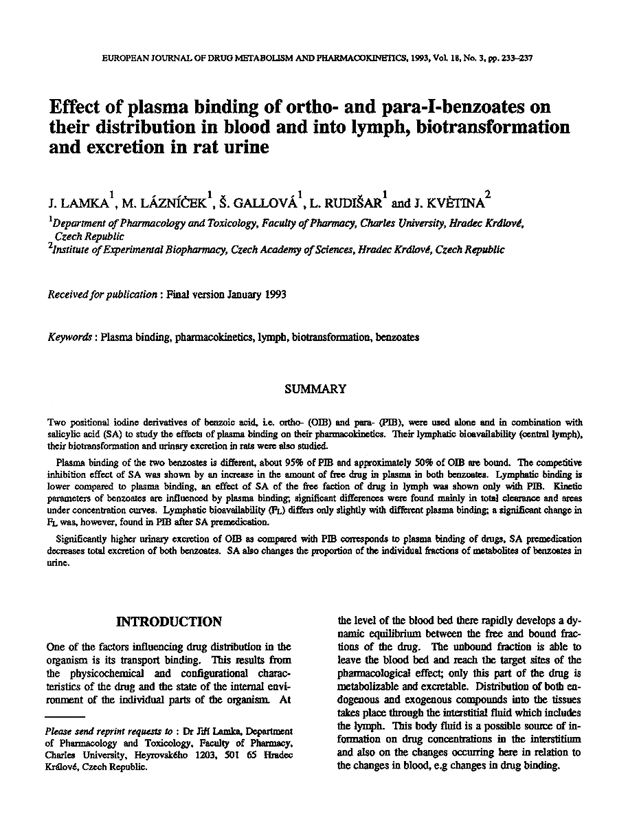 Effect of plasma binding of ortho- and para-I-benzoates on their distribution in blood and into lymph, biotransformation and excretion in rat urine eurekamag.com/research/008/5…