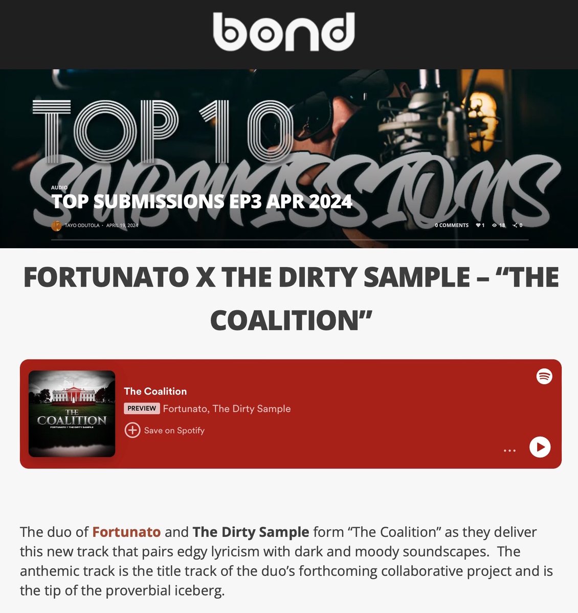 ” … pairs edgy lyricism with dark and moody soundscapes.” A new short review of @IAMFORTUNATO x The Dirty Sample’s second single and title track of upcoming album The Coalition by @thewordisbond… thewordisbond.com/top-submission…