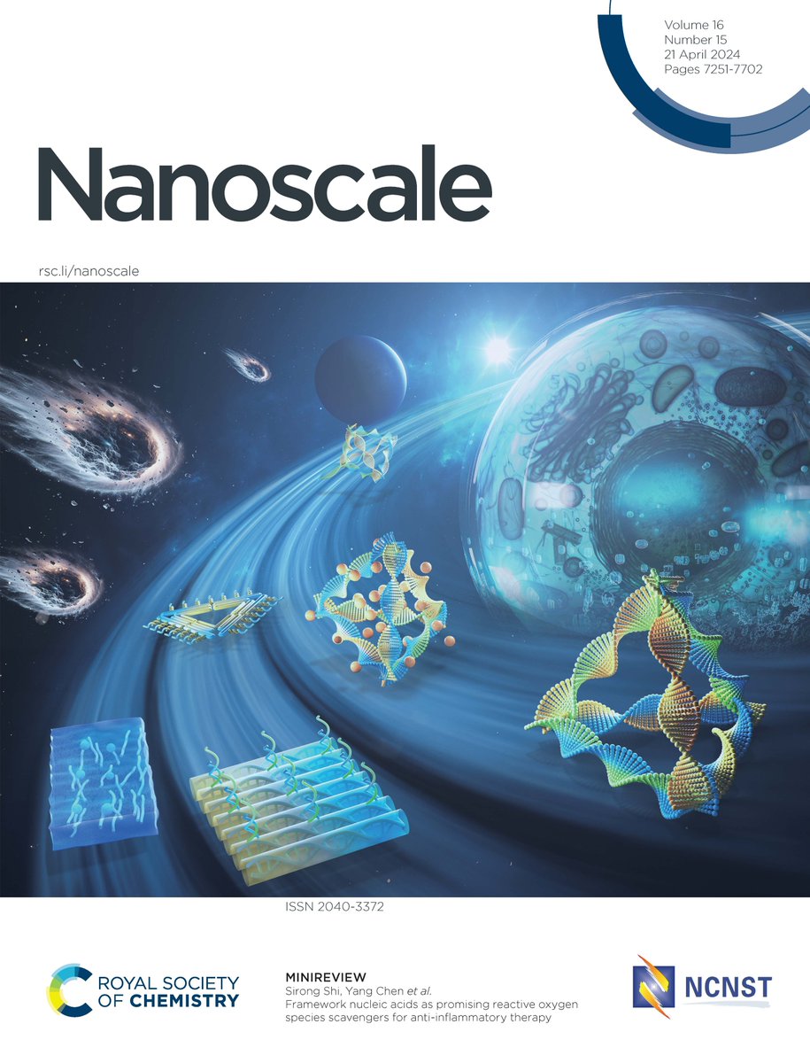 This Nanoscale cover shows 3 types of functional nucleic acid (FNA) nanostructures (tetrahedral FNAs, DNA origami and DNA hydrogels) orbit a cell ‘planet’ along the dust rings, guarding against inflammatory ROS ‘meteorites’ - find out more about FNAs 👇 pubs.rsc.org/en/content/art…