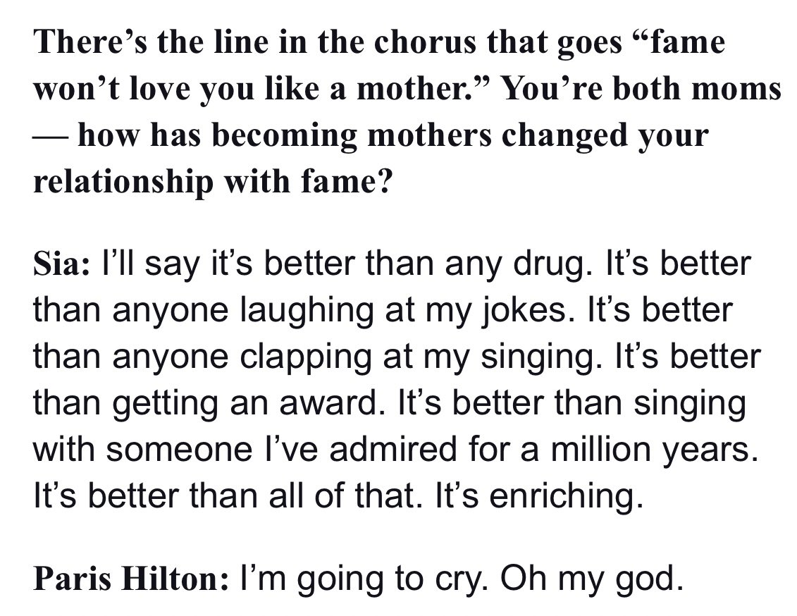 📰 | @Sia to @billboard on how being a mother changed her relationship to fame: “I‘ll say it‘s better than any drug. It‘s better than anyone laughing at my jokes. It‘s better than anyone clapping at my singing. It‘s better than getting an award. (…) It‘s enriching.“