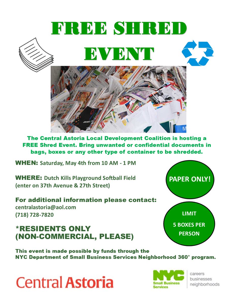 FREE SHRED EVENT 5/04!

This event is made possible by funds through the @NYC_SBS Neighborhood 360° program.

@NYC_SBS  
@NYCParks 
@DutchKillsCivic

#centralastorialdc #dutchkills #dutchkillscivicassociation #LongIslandCity #longislandcityqueens #LongIslandCityNY #freeshredevent