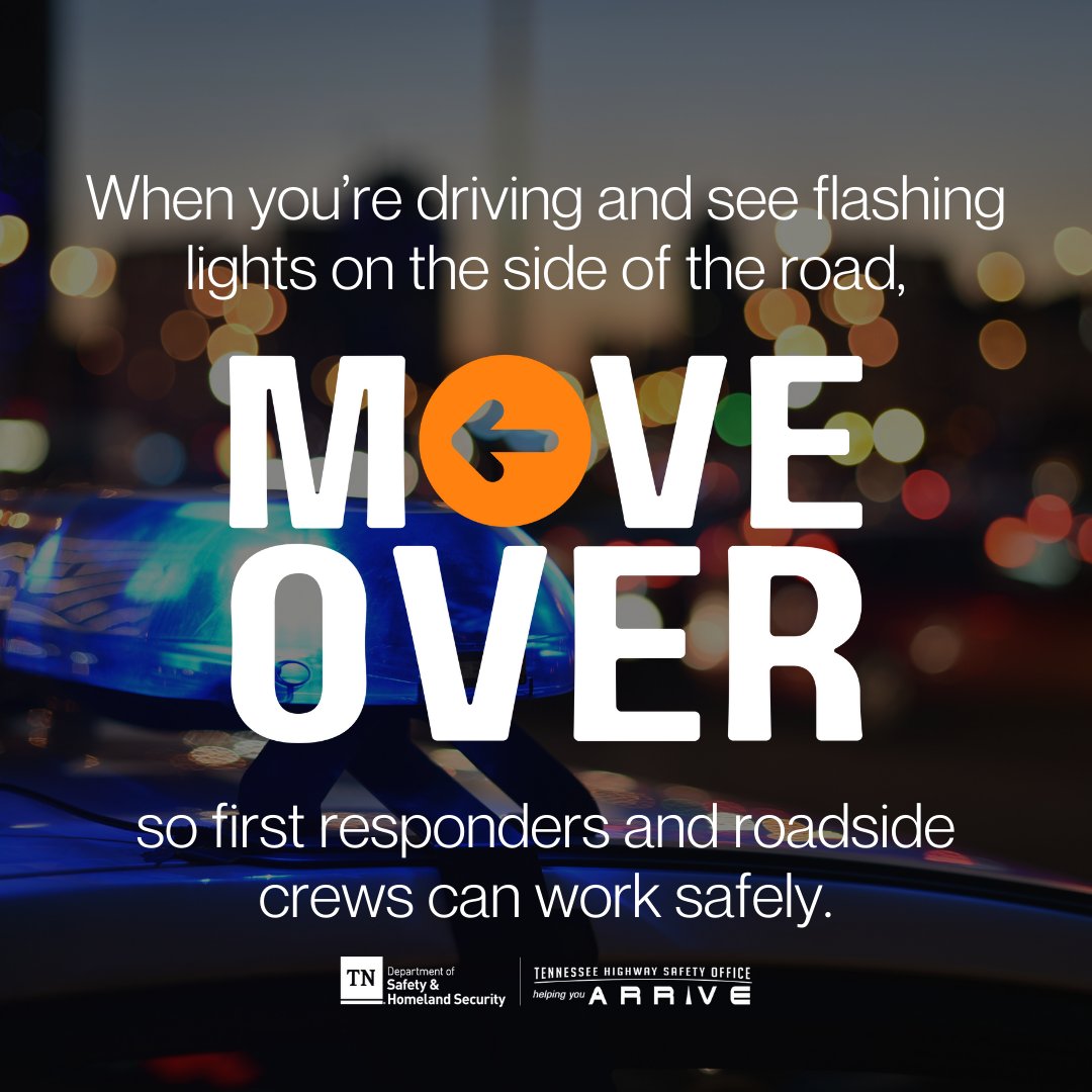 When you’re driving and see flashing lights on the side of the road, #MoveOver to the opposite lane so first responders and roadside crews can work safely. 🚒 🚑 🚓 🚧