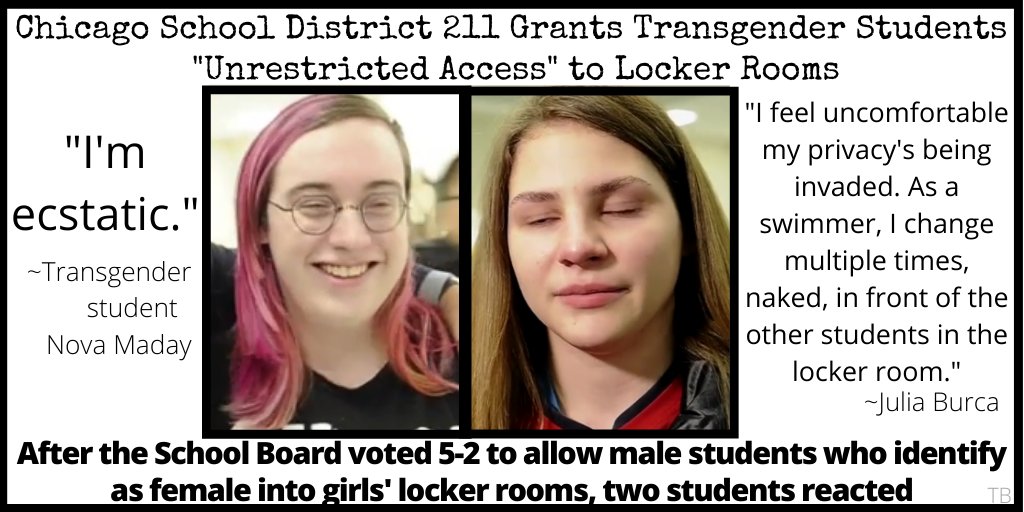 @Martina This means any male student who is denied the right to use the girls' locker room can sue for discrimination on the basis that he feels female.

Schools won't risk lawsuits, so girls have lost their right to say 'no' to undressing beside male bodies, whether they want to or not.