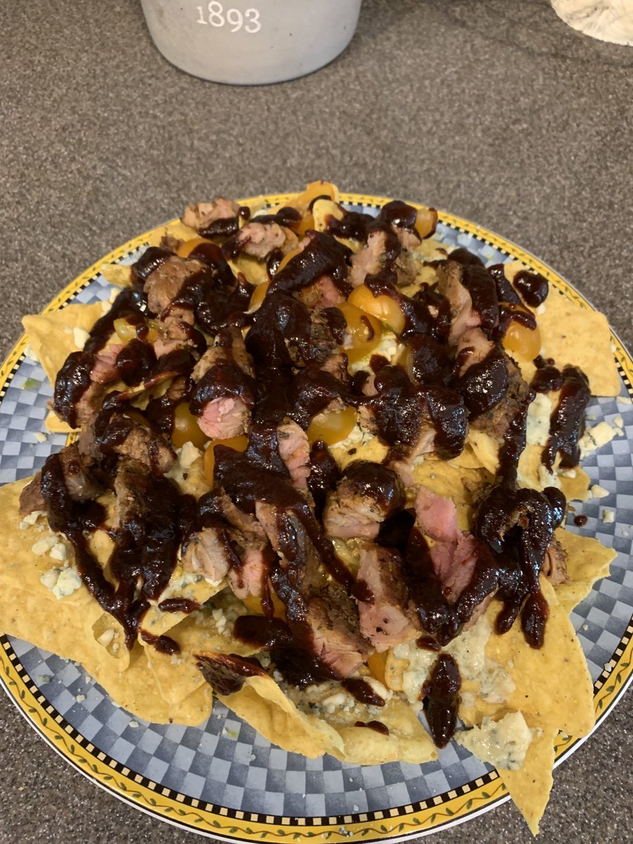 BBQ Pork Tenderloin, Blue Cheese and Cherry Tomato Nachos! Because I use leftovers and I’m weird like that. 🤓