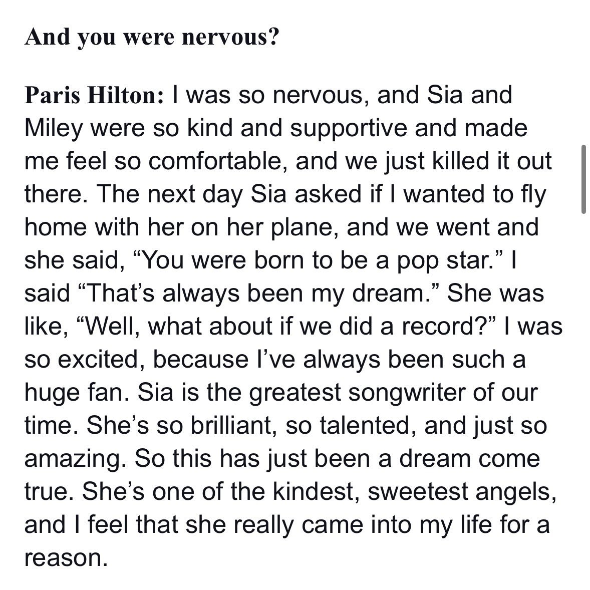 📰 | @ParisHilton to @billboard on @Sia: “Sia is the greatest songwriter of our generation. She‘s so brilliant, so talented and just so amazing. So this (working with her) has just been a dream come true. (…) and I feel that she really came in my life for a reason“