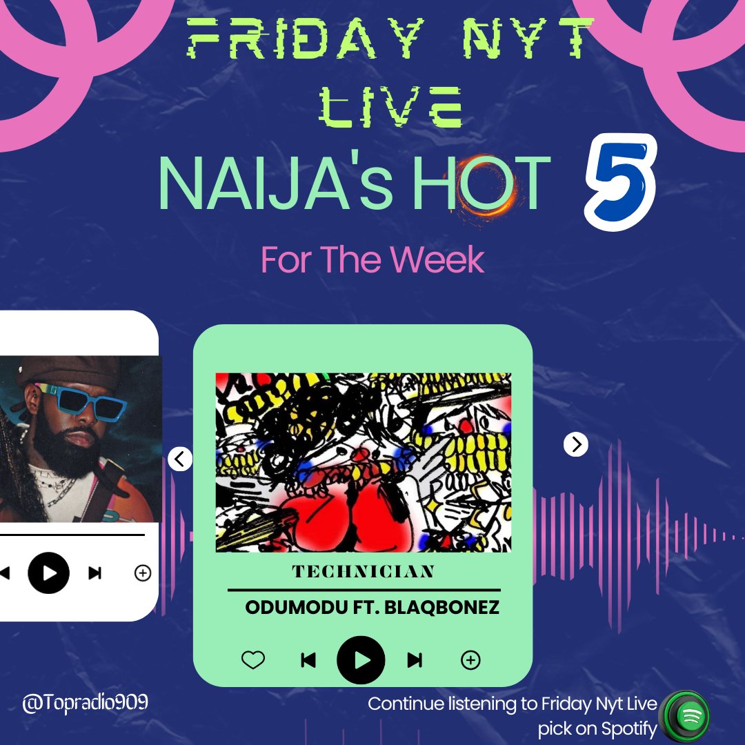 #FeelGoodMusic #FridayNytLive #NaijasHot5 with @IamStanzworld x @Iamlumi007
@ NO5, TECHNICIAN  by @Odumodublvck_ FT @BlaqBonez

open.spotify.com/playlist/5Reck…